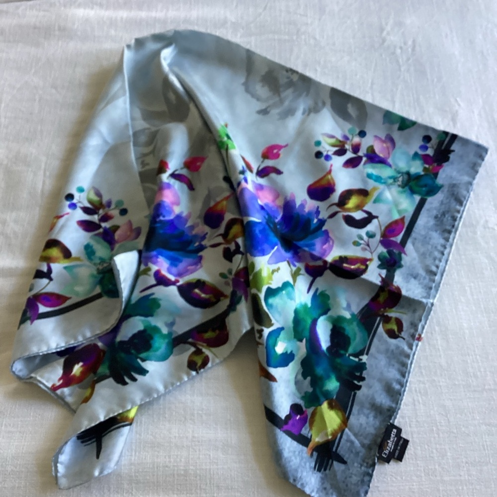 Elizabetta 100% Silk Scarf Blue Floral Italian Botanical Design - Picture 12 of 13